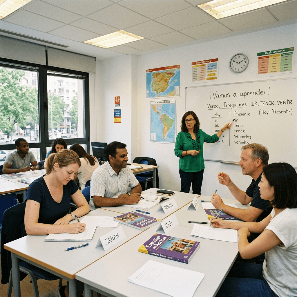 Teacher pointing at Spanish verb conjugation on whiteboard with students at desks