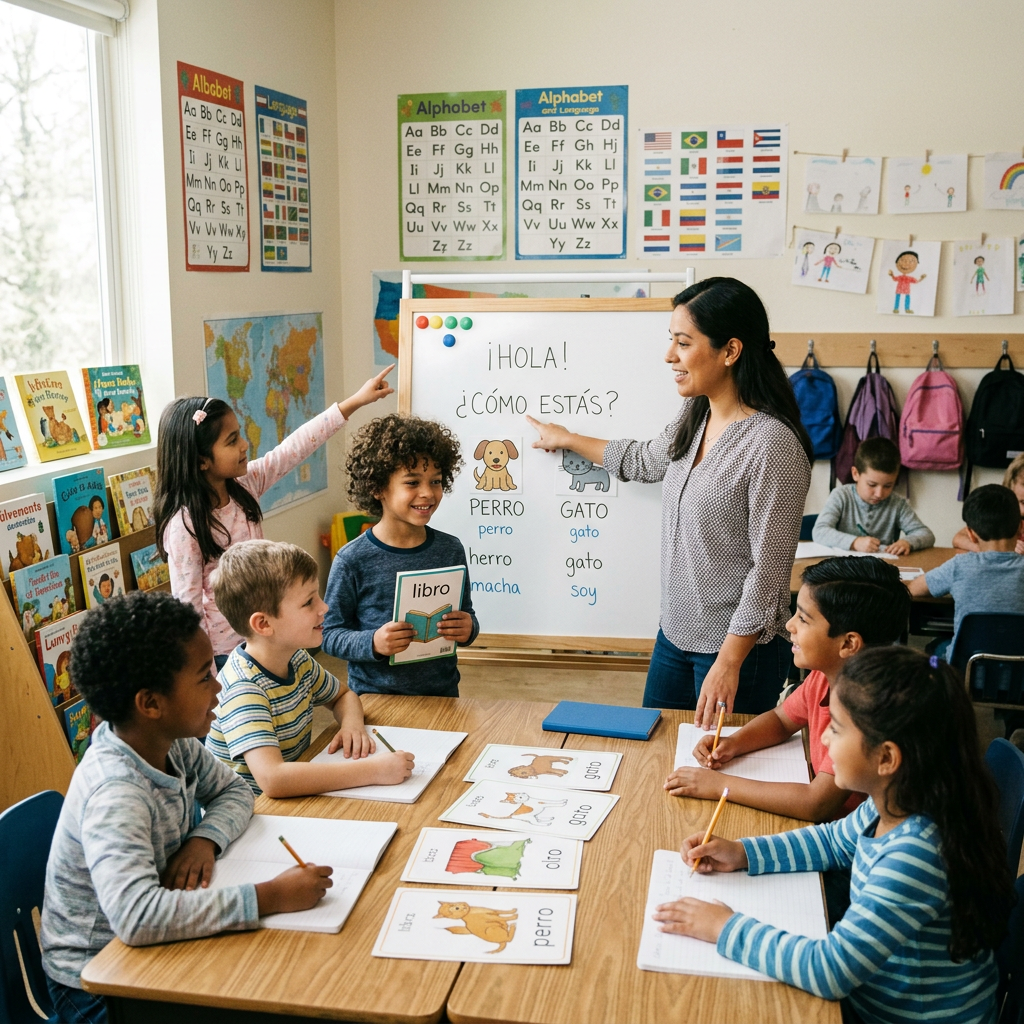 Teacher and children learning Spanish vocabulary words perro and gato in classroom